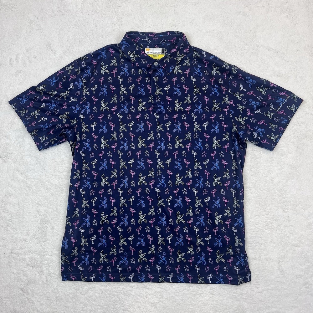 Nicklaus Golf Polo Shirt Mens L Blue Pink Flamingo All‎ Over Print Eco Choice